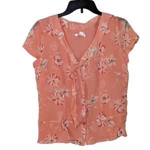 Ann Taylor LOFT Women Peach Floral Silk Short Sleeve Tie Neck Blouse Size 10 NWT